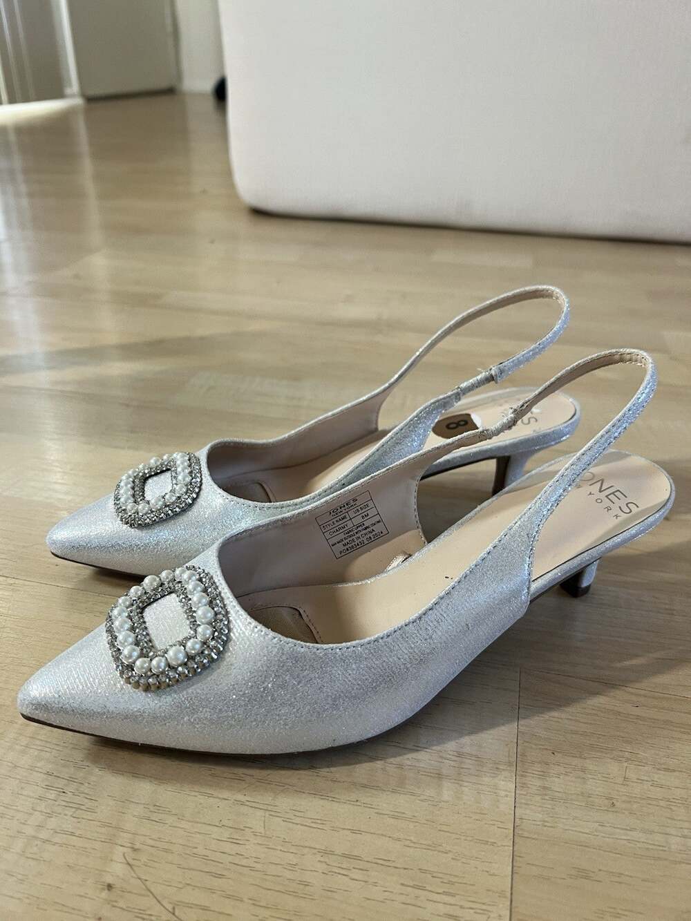 Jones New York Heels Womens 8 M Silver Rhinestone Pearl Slingback Shoes Charmy